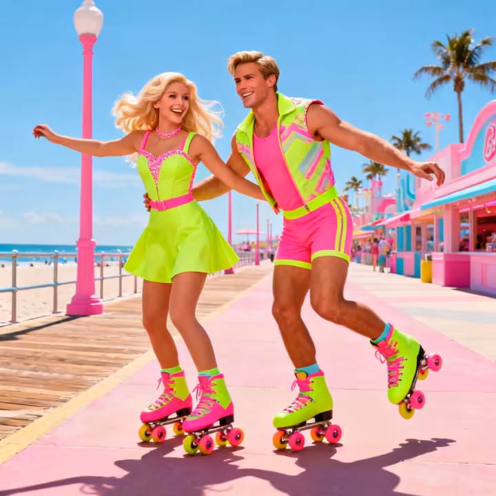 A couple dressed as Barbie and Ken in their vibrant 80s-style rollerblading outfits from the Barbie movie.