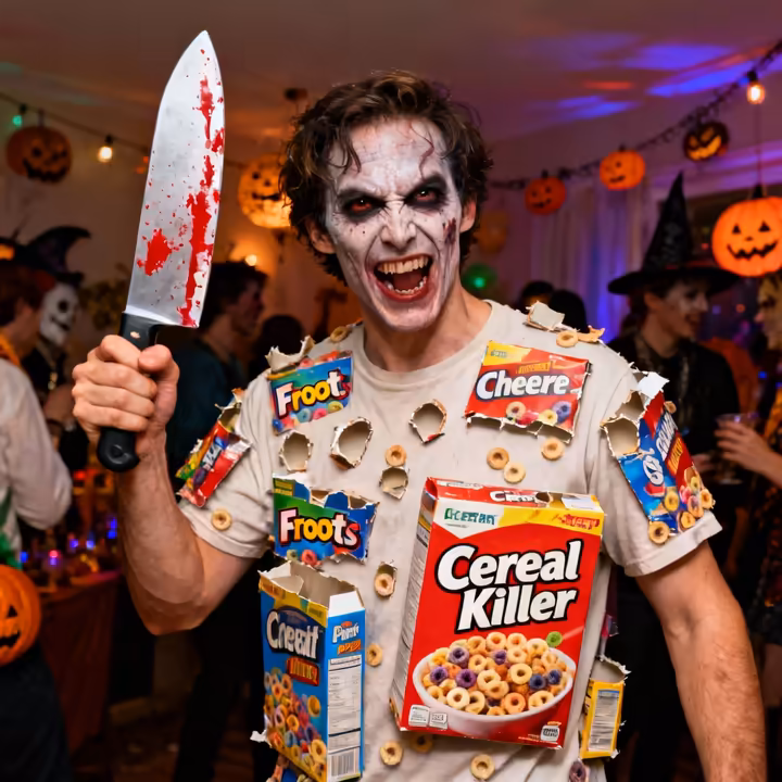 A person wearing a 'Cereal Killer' pun costume, with mini cereal boxes attached to their shirt and a fake, bloody knife.