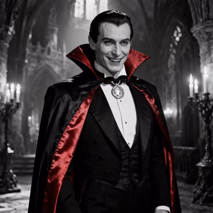 A man dressed as the classic Count Dracula, with a high-collared cape and medallion, looking suave and menacing.