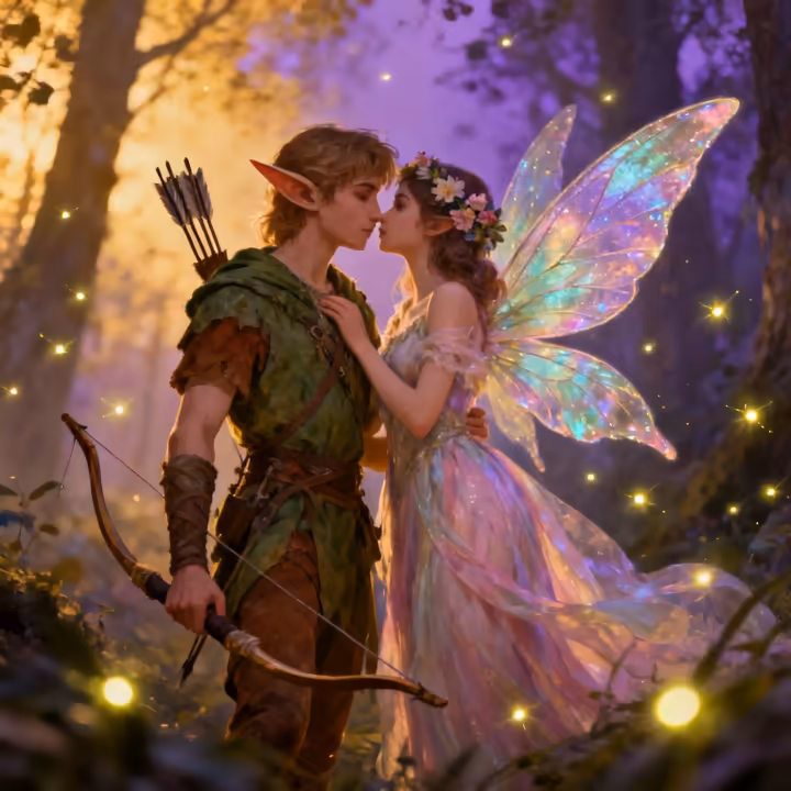 A person dressed as a woodland elf with pointed ears and a green tunic stands next to a person in a delicate fairy costume with pastel wings.