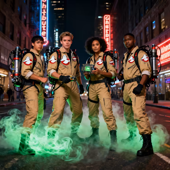 A group of four friends dressed as the Ghostbusters, complete with jumpsuits, proton packs, and ghost traps, standing in front of a spooky, foggy building.