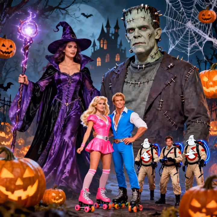 A vibrant collage of people in diverse Halloween costumes, including a classic vampire, a superhero, a historical figure, and a pop culture character.