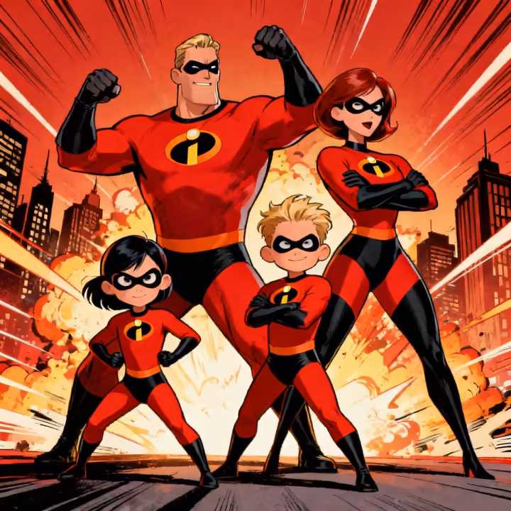 A family of four dressed as The Incredibles, posing in their red superhero suits against a cityscape backdrop.