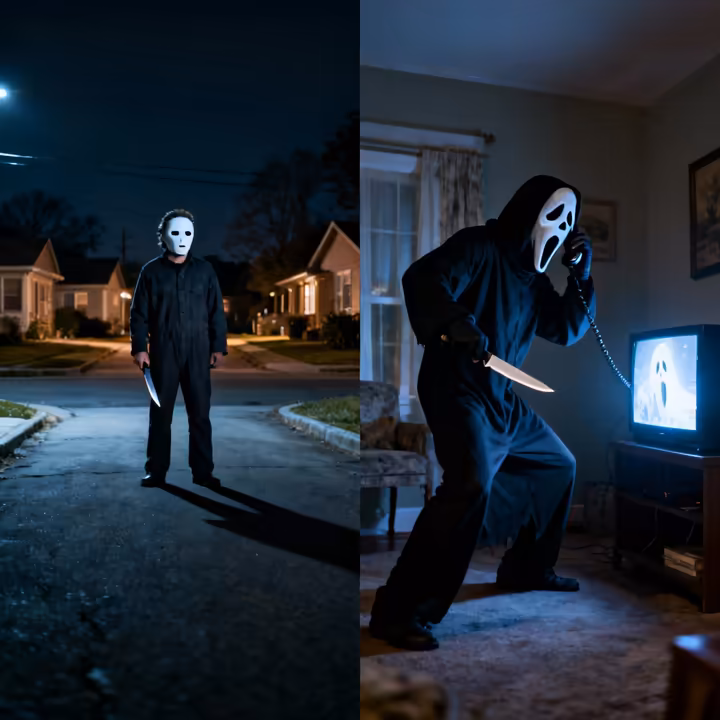 A side-by-side view of a person in a Michael Myers costume with a white mask and jumpsuit, and another person in the Ghostface costume with the screaming mask and black robe.
