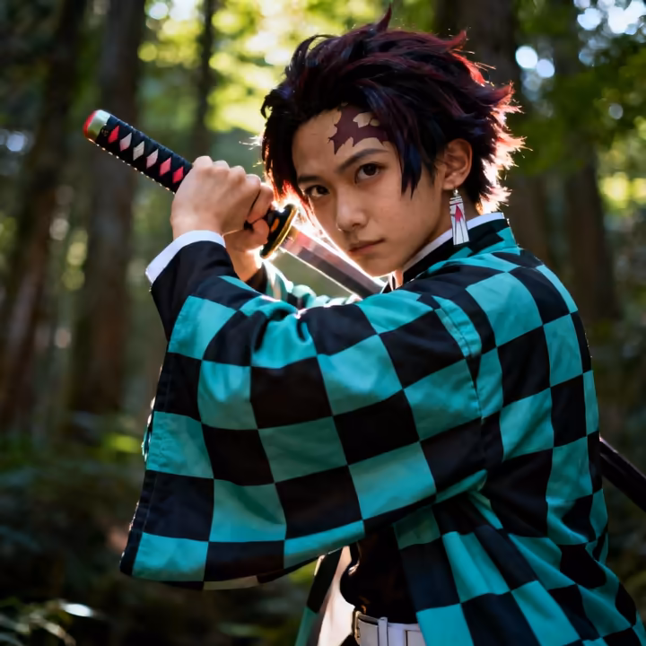 A teenager in a detailed cosplay costume of a popular anime character, striking a dynamic pose.
