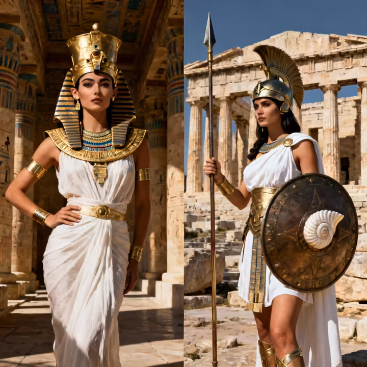 Two women in elaborate costumes, one as Cleopatra with a golden headdress and the other as the Greek goddess Athena with a helmet and spear.