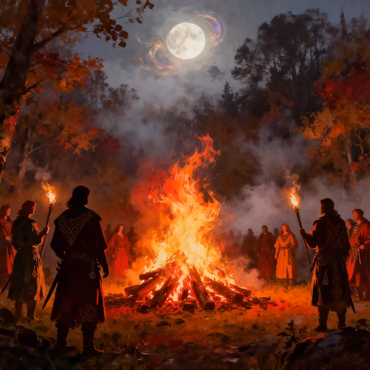 A depiction of the ancient Celtic festival of Samhain with people gathered around a large bonfire at night.