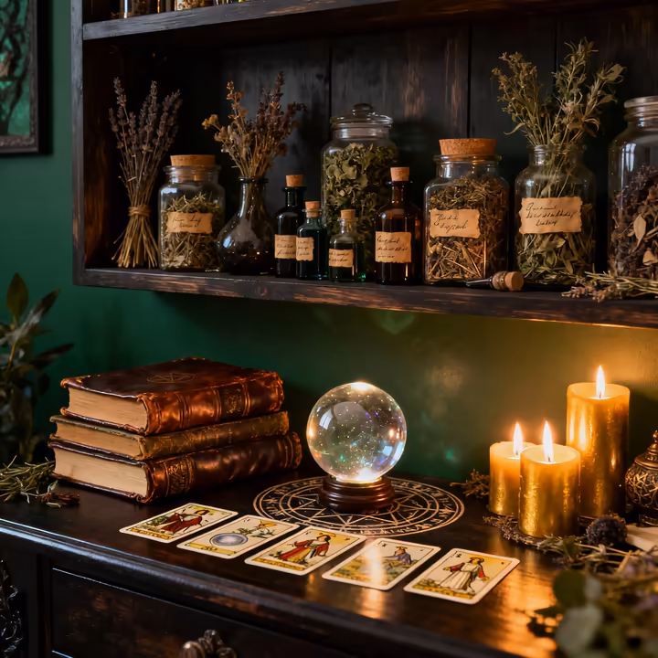 A cozy nook decorated to look like an enchanted witch's study, with potion bottles, spell books, and candles.