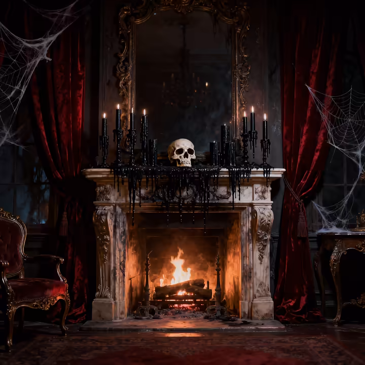 A living room decorated in a classic gothic horror theme, with candelabras, velvet curtains, and skulls.