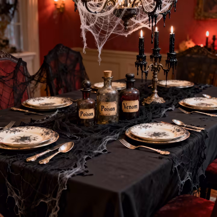 A dining table set for a haunted banquet with black linens, old silverware, and a spooky centerpiece.
