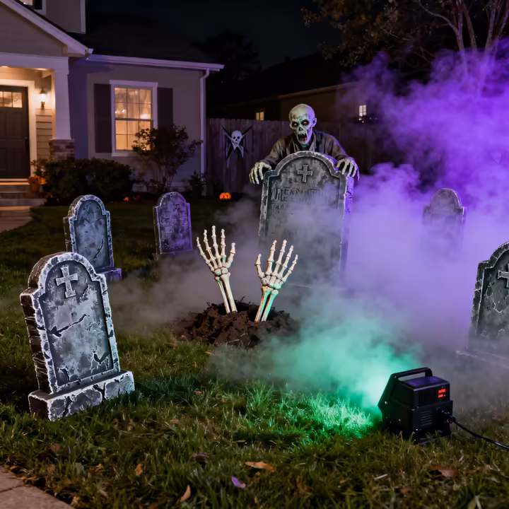 A front yard transformed into a haunted graveyard with foam tombstones, skeletal hands, and a fog machine.