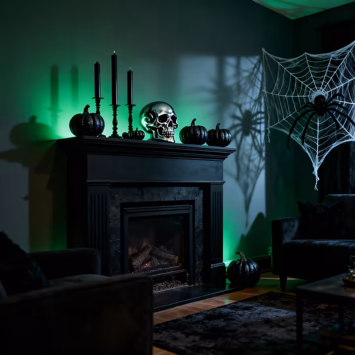 A Halloween-decorated living room fireplace mantel with black candles, skulls, and eerie uplighting.
