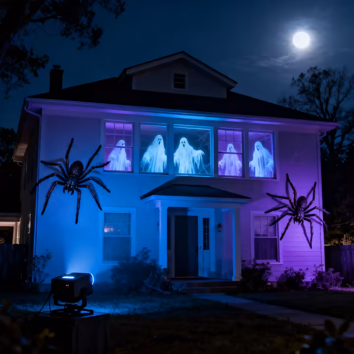 A house at night with ghostly figures projected onto its windows and walls, demonstrating high-tech Halloween decorations.