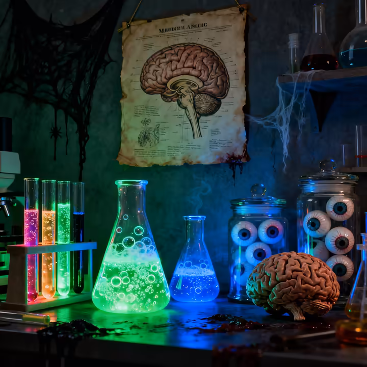 A table set up as a mad scientist's lab with bubbling beakers, anatomical charts, and specimen jars.