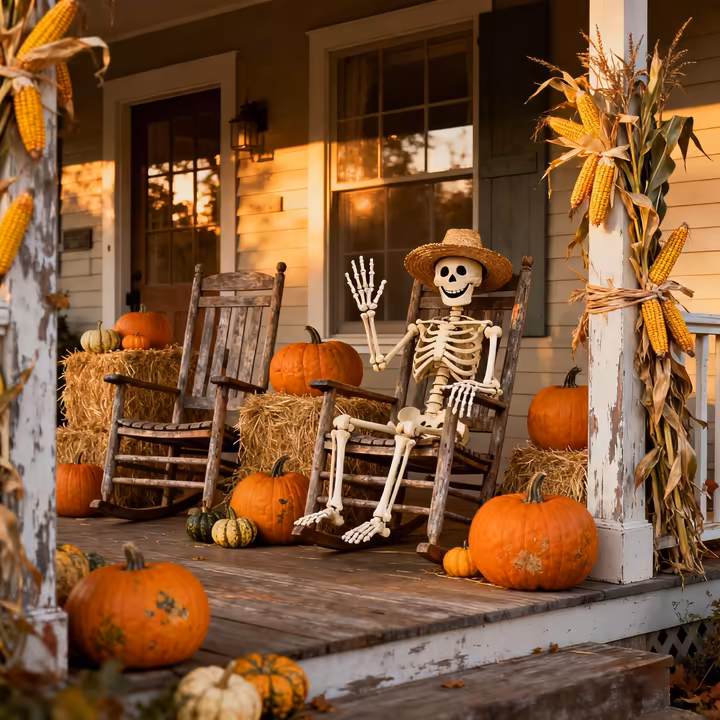 A front porch decorated in a rustic farmhouse Halloween style with pumpkins, corn stalks, and a friendly skeleton.