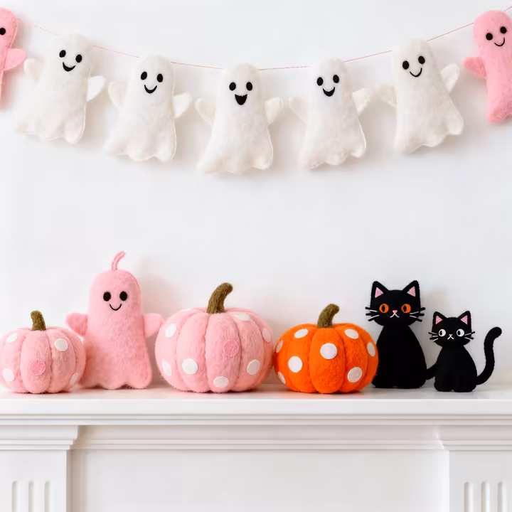 A collection of cute and whimsical Halloween decorations, including smiling ghosts and pastel-colored pumpkins.