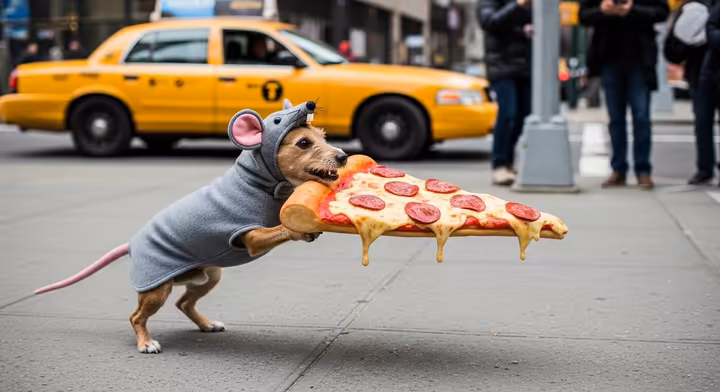 A small dog cleverly costumed as New York City's famous 'pizza rat,' seen dragging a large slice of prop pizza along the sidewalk.
