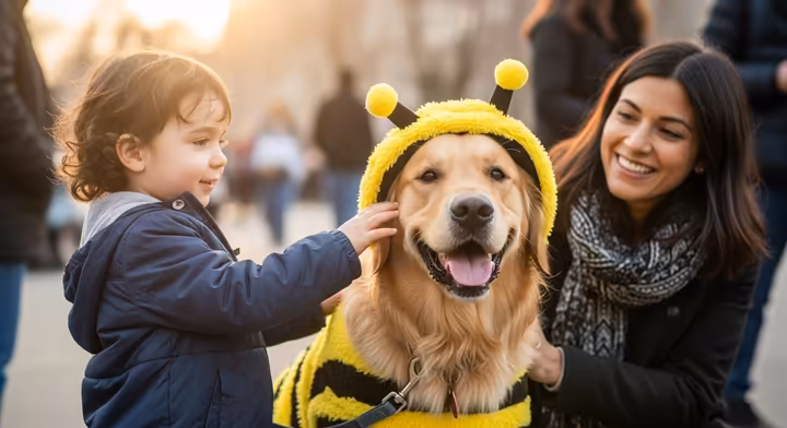 A heartwarming moment at the parade, showing a smiling child gently petting a golden retriever dressed as a bumblebee, while the owner looks on with pride.