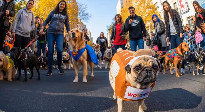 A vibrant and chaotic scene from the Tompkins Square Halloween Dog Parade, with multiple dogs in elaborate and funny costumes.