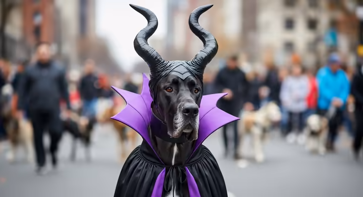 A Great Dane impressively dressed as the character Maleficent, complete with iconic black horns and a flowing dark cape, posing at the dog parade.