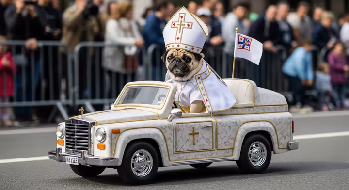 A pug sitting regally in a custom-built, miniature Popemobile, wearing a papal mitre and vestments, as a contestant in the parade.